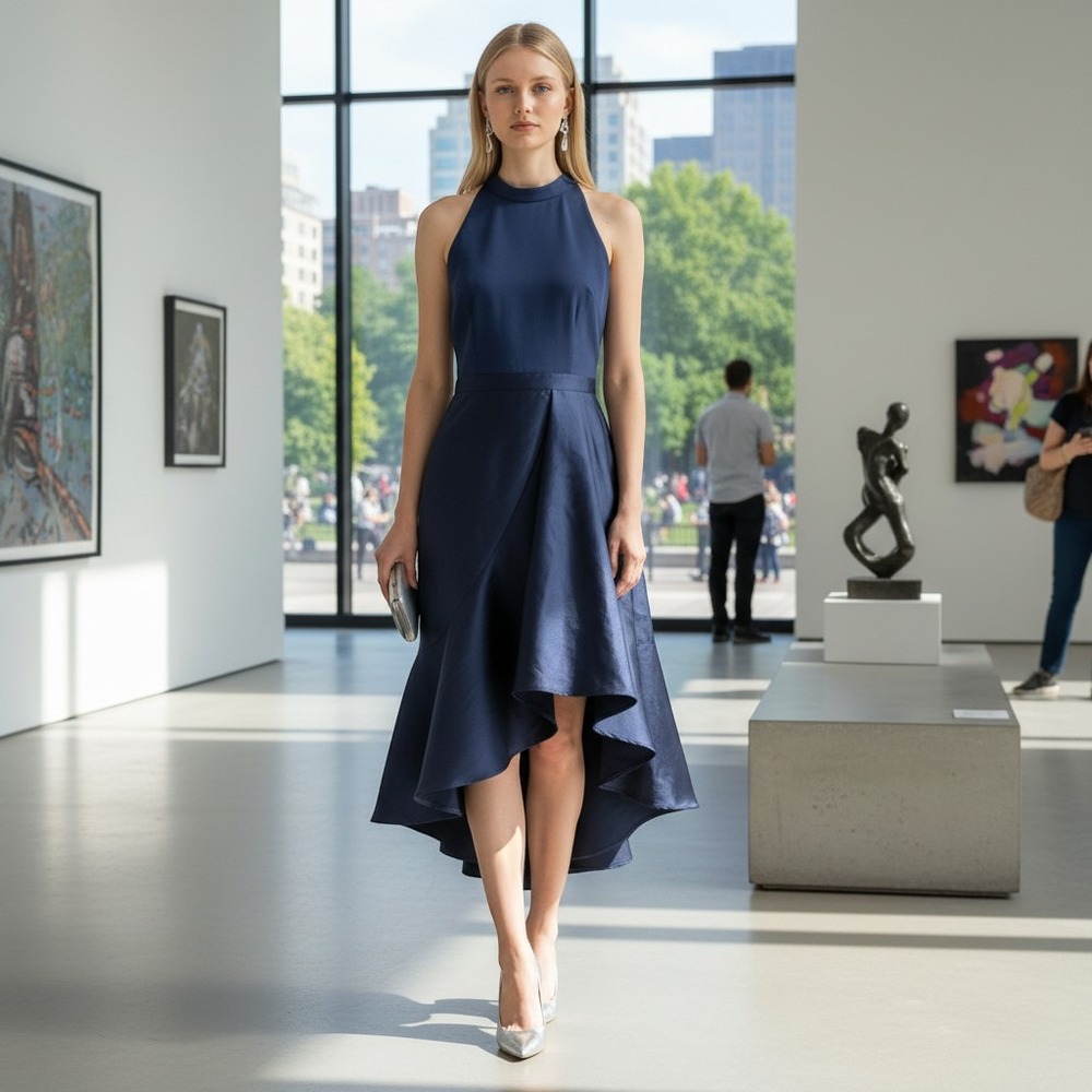 Adrianna Papell Navy Crepe Combo Taffeta High-Low Halter Dress Size 8